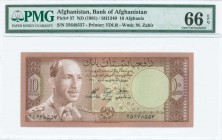 AFGHANISTAN: 10 Afghanis (SH1340 / 1961) in brown on multicolor unpt with King Muhammad Zahir (third portrait) at left. S/N: "25648557". WMK: Muhammad...