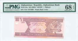 AFGHANISTAN: 1 Afghani (SH1381 / 2002) in purple on multicolor unpt Banks name around ancient coin at right. S/N: "1/GY 4477605". WMK: Mausoleum of Mi...