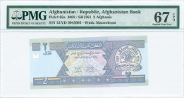 AFGHANISTAN: 2 Afghanis (SH1381 / 2002) in slate blue on multicolor unpt Banks name around ancient coin at right. S/N: "12/VD 9045095". WMK: Mausoleum...