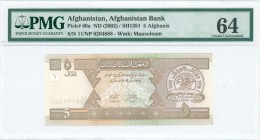 AFGHANISTAN: 5 Afghanis (SH1381 / 2002) in olive on multicolor unpt Banks name around ancient coin at right. S/N: "11/NP 0264888". WMK: Mausoleum of M...