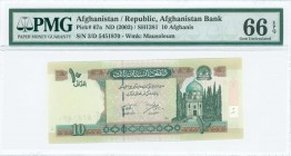 AFGHANISTAN: 10 Afghanis (SH1381 / 2002) in green and brown on multicolor unpt with Mausoleum of Mirwais Khan Hotaki at right. S/N: "3/D 5451870". WMK...