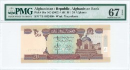 AFGHANISTAN: 20 Afghanis (SH1381 / 2002) in green and purple on multicolor unpt with Mausoleum of Sultan Mahmud at right. S/N: "7/B 4822640". WMK: Mau...