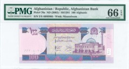 AFGHANISTAN: 100 Afghanis (SH1381 / 2002) in purple on multicolor unpt with Pul-e Khishti Mosque at right. S/N: "2/S 4080966". WMK: Mausoleum of Mirwa...