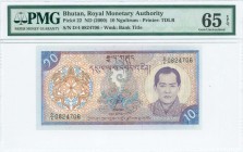 BHUTAN: 10 Ngultrum (ND 2000) in purple and blue on multicolor unpt with Royal emblem at left and portrait of King Jigme Singye Wangchuk at right. S/N...