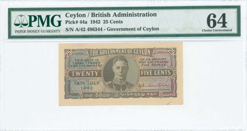 CEYLON: 25 Cents (14.7.1942) in brown and multicolor with portrait of King Georg...