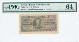 CEYLON: 25 Cents (14.7.1942) in brown and multicolor with portrait of King George VI at center. S/N: "A/42 496344". Inside holder by PMG "Choice Uncir...