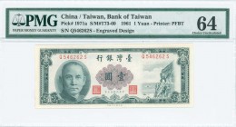 CHINA: 1 Yuan (1961) (Engraved) of Chinese administration of Taiwan in dark blue-green and purple on multicolor unpt with portrait SYS at left. S/N: "...