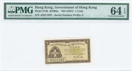 HONG KONG: 1 Cent (ND 1941) in brown on ochre unpt. S/N: "A9211597". Inside holder by PMG "Choice Uncirculated 64 - EPQ". (Pick 313b).