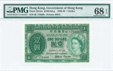 HONG KONG: 1 Dollar (1.7.1959) in dark green on multicolor unpt with portrait of Queen Elizabeth II at right. S/N: "6E 176408". Printed by BWC. Inside...