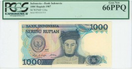 INDONESIA: 1000 Rupiah (1987) in blue-black on multicolor unpt with Raja Sisingamangaraja XII at center and Arms at left. S/N: "SHA 201310". WMK: Sult...