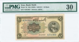 IRAN: 10 Rials (AH1311 / 1932) in brown on multicolor unpt with portrait of Shah Reza with high cap at right. S/N: "A281961". Printed by ABNC. Inside ...