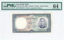 IRAN: 10 Rials (SH1337 / 1958) in dark blue on green orange unpt with fifth portrait of Shah Pahlavi in army uniform at right. S/N: "35/567319". WMK: ...