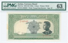 JORDAN: 1 Dinar (Law 1949 - ND 1952) in green and black with King Hussein at right. S/N: "B/A 082087". WMK: Young King Hussein. Signature #3. Printed ...