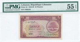 LEBANON: 25 Piastres (6.11.1950) in violet on green and orange unpt with cedar tree at right. S/N: "Z 806246". Inside holder by PMG "About Uncirculate...