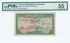 LEBANON: 50 Piastres (6.11.1950) in green on multicolor unpt with columns of Baalbek at center. S/N: "H 711594". Inside holder by PMG "About Uncircula...
