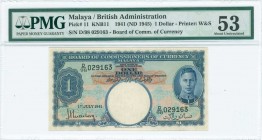 MALAYA: 1 Dollar (1.7.1941 - ND 1945) in blue on orange and multicolor unpt with portrait of King George VI at right. S/N: "D/98 029163". WMK: Lions h...