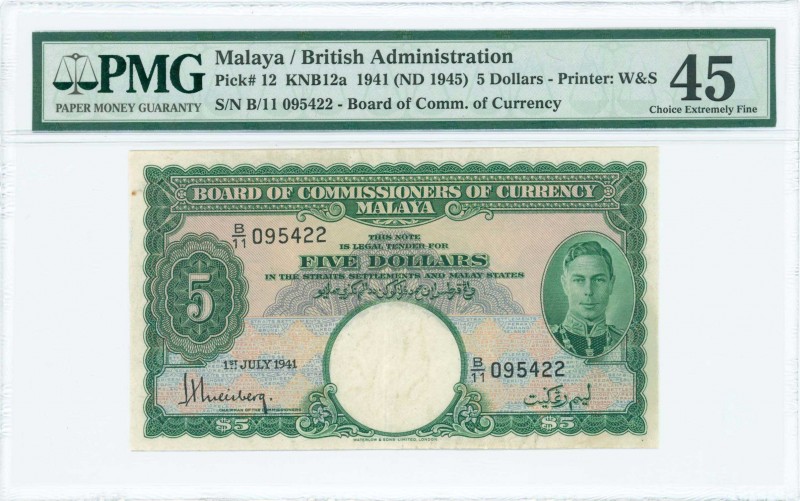 MALAYA: 5 Dollars (1.7.1941 - ND 1945) in green on gray and multicolor unpt with...