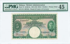 MALAYA: 5 Dollars (1.7.1941 - ND 1945) in green on gray and multicolor unpt with portrait of King George VI at right. S/N: "D/98 029163". WMK: Lions h...