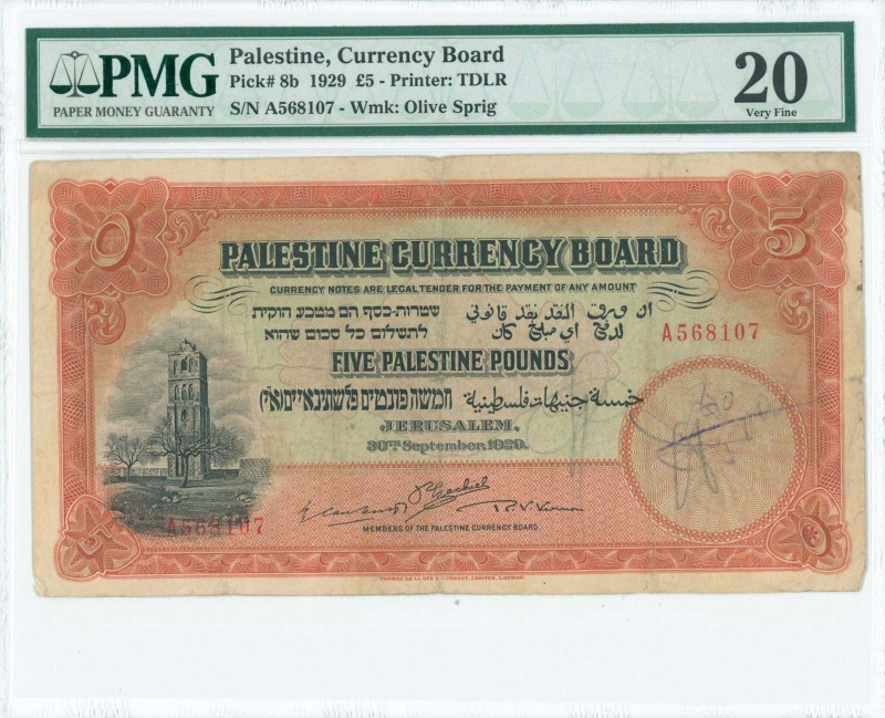 PALESTINE: 5 Pounds (30.9.1929) in red and black with Crusaders Tower at Ramleh ...