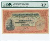 PALESTINE: 5 Pounds (30.9.1929) in red and black with Crusaders Tower at Ramleh at left. S/N: "A568107". WMK: Olive sprig. Printed by TDLR. Inside hol...