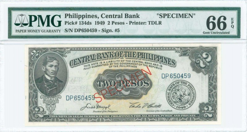 PHILIPPINES: Specimen of 2 Pesos (1949) in black on blue and gold unpt with port...