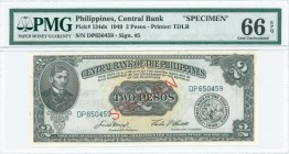 PHILIPPINES: Specimen of 2 Pesos (1949) in black on blue and gold unpt with portrait of Jose Rizal at left. S/N: "DP650459". Red ovpt "SPECIMEN" at ce...