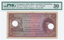 PORTUGUESE INDIA: 100 Rupias (29.11.1945) in purple and multicolor with portrait of Afonso de Albuquerque at right. S/N: "107127". Two large cancellat...