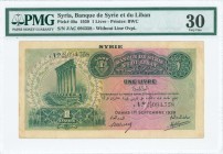 SYRIA: 1 Livre (1.9.1939) in green and multicolor with pillars of Baalbek at left. S/N: "J/AC 094358". Without line ovpt. Printed by BWC. Inside holde...