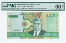 TURKMENISTAN: 1000 Manat (2005) in green on multicolor unpt with President Saparmurat Niyazov at center. S/N: "AA 2595249". WMK: Niyazov. Printed by T...