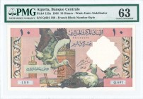 ALGERIA: 10 Dinars (1.1.1964) in lilac and multicolor with pair of storks and minaret. S/N: "Q.691 189" (French block number style). WMK: Amir Abd el-...
