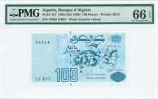ALGERIA: 100 Dinars (21.5.1992 - ND 1996) in blue on multicolor unpt with army charging from the battle of El Harrach at right. S/N: "76564 15033". WM...