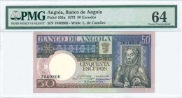 ANGOLA: 50 Escudos (10.6.1973) in blue and brown on multicolor unpt with Luiz de Camoes at right. S/N: "7040866". WMK: Luiz de Camoes. Inside holder b...