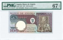 ANGOLA: 100 Escudos (10.6.1973) in brown, black and maroon on multicolor unpt with Luiz de Camoes at right. S/N: "NP33993". WMK: Luiz de Camoes. Insid...