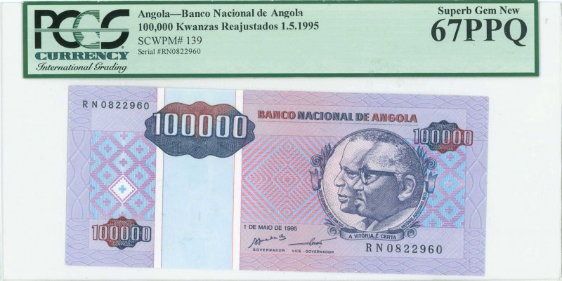 ANGOLA: 100000 Kwanzas Reajustados (1.5.1995) in on dark blue and violet on mult...