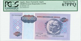 ANGOLA: 100000 Kwanzas Reajustados (1.5.1995) in on dark blue and violet on multicolor unpt with conjoined busts of Jose Eduardo dos Santos and Antoni...