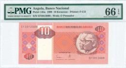 ANGOLA: 10 Kwanzas (10.1999) in brown, orange and purple on multicolor unpt with conjoined busts of Jose Eduardo dos Santos and Antonio Agnostinho Net...
