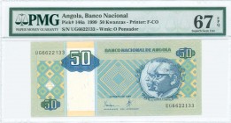 ANGOLA: 50 Kwanzas (10.1999) in blue, green and yellow with conjoined busts of Jose Eduardo dos Santos and Antonio Agnostinho Neto at right. S/N: "UG6...