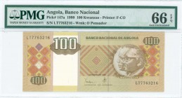 ANGOLA: 100 Kwanzas (10.1999) in olive and multicolor unpt with conjoined busts of Jose Eduardo dos Santos and Antonio Agnostinho Neto at right. S/N: ...