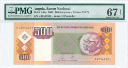 ANGOLA: 500 Kwanzas (11.2003) in mauve, yellow and green on multicolor unpt with conjoined busts of Jose Eduardo dos Santos and Antonio Agnostinho Net...