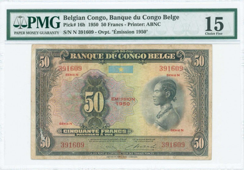 BELGIAN CONGO: 50 Francs (1950) in black on multicolor unpt with woman at right....