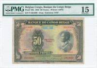 BELGIAN CONGO: 50 Francs (1950) in black on multicolor unpt with woman at right. S/N: "N 391609". Red ovpt "EMISSION 1950". Printed by ABNC. Inside ho...
