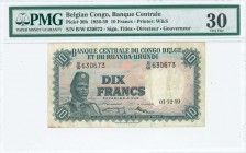 BELGIAN CONGO: 10 Francs (1.12.1959) in gray-blue and orange unpt with soldier at left. S/N: "B/W 630673". WMK: Giraffes head. Signature titles "UN DI...