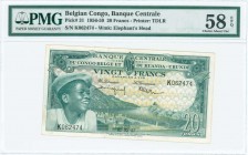 BELGIAN CONGO: 20 Francs (1.3.1957) in green on multicolor unpt with boy at left and reservoir in background. S/N: "K 062474". WMK: Elephants head. Pr...