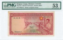 BELGIAN CONGO: 50 Francs (1.3.1959) in red on multicolor unpt with workers at modern weaving machinery at center right. S/N: "T 823717". WMK: Leopards...