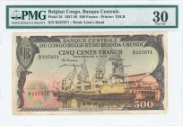 BELGIAN CONGO: 500 Francs (1.7.1959) in brown-violet on multicolor unpt with ships dockside at Leo-Kinshasa wharf at center. S/N: "B 227971". WMK: Lio...