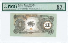 BIAFRA: 1 Pound (ND 1968-69) in dark brown on green, brown and orange unpt with palm tree and small rising sun at top left center. S/N: "DQ0906922". I...