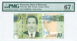 BOTSWANA: 10 Pula (2009) in light green, dark green and tan with President Seretse Khama Ian Khama at left center. S/N: "AA 0089533". WMK: Zebra and v...