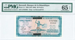BURUNDI: 20 Francs (ND 1966 / old date 20.3.1965) in blue-green with dancer at center. Black ovpt on Pick #10. S/N: "G 707938". Printed by TDLR (witho...