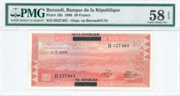 BURUNDI: 50 Francs (1.7.1966) in red-orange with view of Bujumbura. Black ovpt on Pick# 11b. S/N: "H 527461". Printed by BWC (without imprint). Inside...