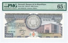 BURUNDI: 5000 Francs (19.5.1994) in dark brown and grayish purple on multicolor unpt with Arms at upper center and building at lower right. S/N: "D 87...